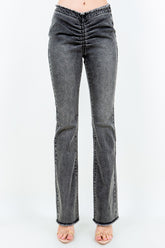 American Bazi V-Cut Ruched Flare Pants with Side Zipper - Trendy Slim Fit